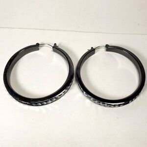 Women's Black Hoop Earrings with Polished Finish and Silver Tone Disc Accents